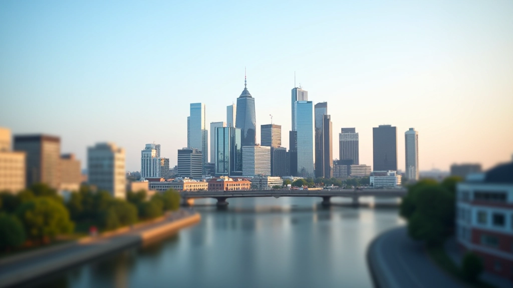 Rīgas pilsētas skyline ar moderniem ēkām un finanšu apstākļiem simboliem, reprezentējot Baltijas fintech centru